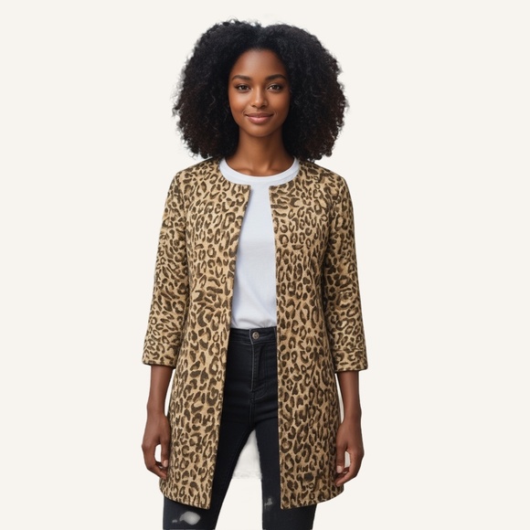 Leopard Coat Jacket Small Midi Twill 3/4 Sleeves Simple Collar 2000s EUC - Picture 1 of 13